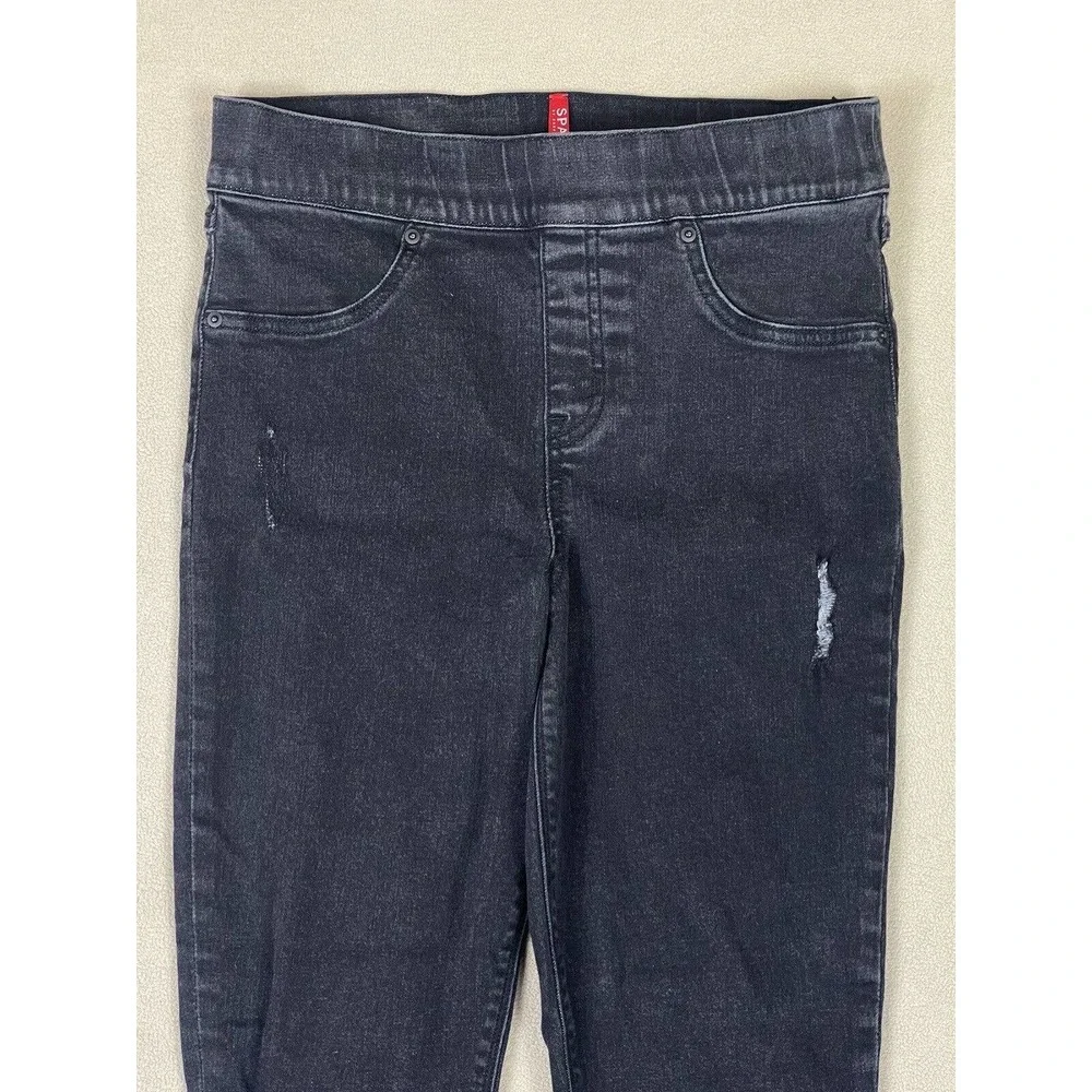 Spanx Distressed Skinny Jeans Womens M Black Mid Rise Pull On Elastic‎ Waist